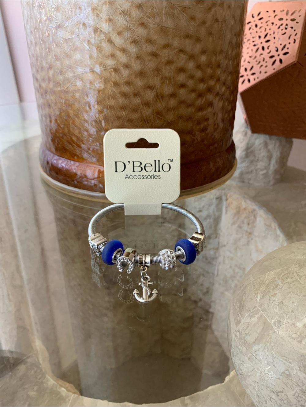 D'Bello Silver Bracelet with Blue Beads & Anchor Charm